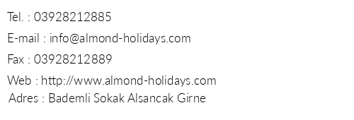 Almond Holiday Village telefon numaralar, faks, e-mail, posta adresi ve iletiim bilgileri